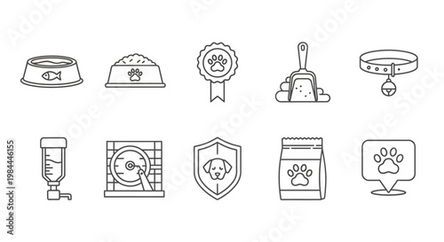 Essential pet care and dog supply line art icons, a comprehensive collection depicting items for animal well-being, including food bowls, collars, grooming tools, and health symbols