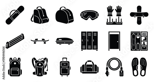 Modern glyph style icons depicting various winter sport equipment, travel bags, and storage elements for use in outdoor activity applications