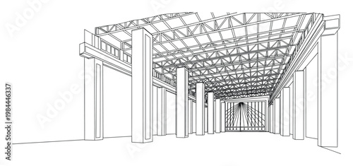 Structural drawing perspective of a large industrial building interior, highlighting extensive truss roofing and sturdy support columns, valuable for architectural engineering and