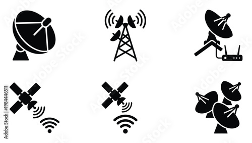 Essential telecommunication icons representing global connectivity and wireless technology for modern digital communication networks and broadcasting systems