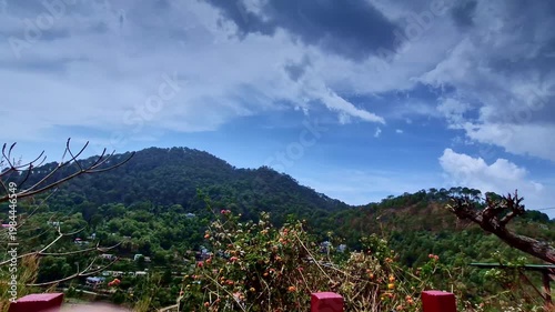 A panoramic view of Mukteshwar, Uttarakhand, with forest-covered hills and scattered village homes below, framed by flowering bushes in foreground under a vast sky dramatic with layered clouds.