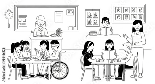 children sitting at school desks.