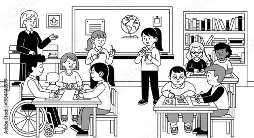 Children sitting at desks in classroom.