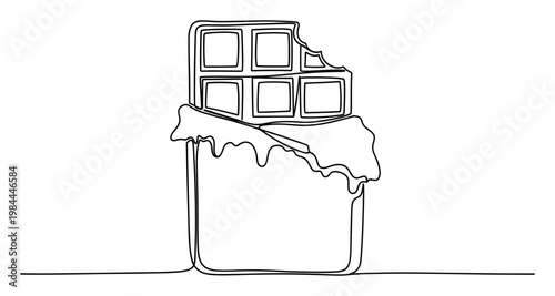 Continuous line drawing of a chocolate bar with a bite taken out, showing the unwrapped packaging, perfect for food blogs, menu designs, sweet treat promotions, or confectionery branding