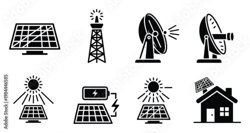 Collection of black and white glyph icons depicting solar energy generation, battery storage, and telecommunication infrastructure, perfect for various digital and print media applications