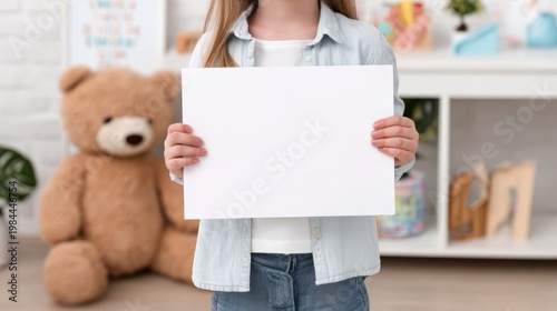 Child holding blank white paper in classroom. Student showing empty placard for sign message. Education concept with billboard frame at school or kindergarten. Kid presenting copy space.