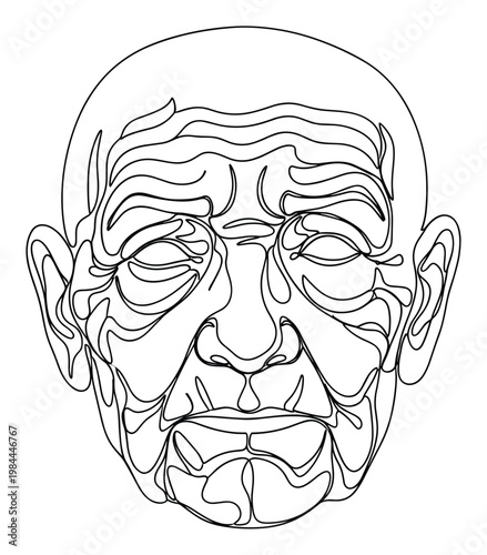 Abstract continuous line drawing portraying a calm older human face with closed eyes, ideal for meditation themes, holistic wellness content, or modern graphic visual projects requiring a