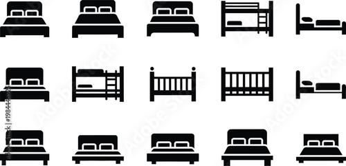 Comprehensive collection of black and white vector icons representing different types of beds