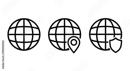 Essential vector icon set featuring global network, internet security, and worldwide location concepts for digital interfaces and modern web applications