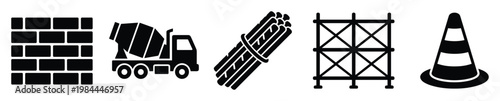 Building construction industry symbols including brick wall concrete mixer truck rebar scaffolding and traffic cone ideal for engineering and architectural presentations