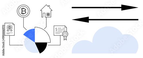 Blockchain technology, digital transactions, asset management, network infrastructure, cloud computing, data exchange. Pie chart linked to blockchain icons and cloud with exchange arrows. Blockchain