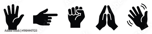 Versatile black silhouette hand gestures including open palm, pointing finger, clenched fist, praying hands, and waving hand for diverse communication and interaction icons in modern