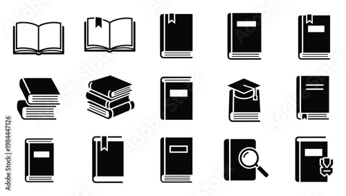 Collection of versatile book icons representing education, learning, and literature, ideal for academic resources, digital libraries, and educational application interfaces.