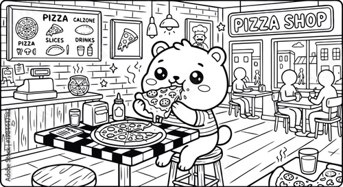 Cute cartoon bear enjoys a large slice of delicious pizza at a bustling shop.