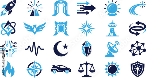 Collection of abstract circular emblems in blue and dark blue colors representing elements and symbols.