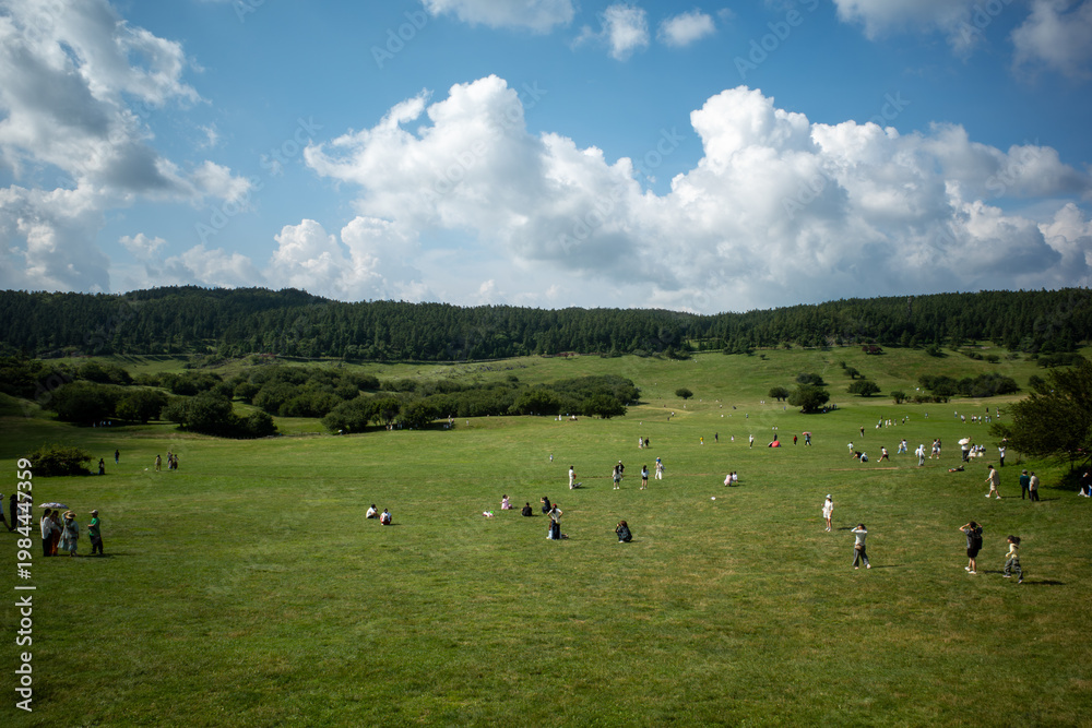 Fototapeta premium Lush green field under bright blue sky with scattered clouds. Small group of people relaxing in open grassy area. Distant hills covered in dense green trees and shrubs