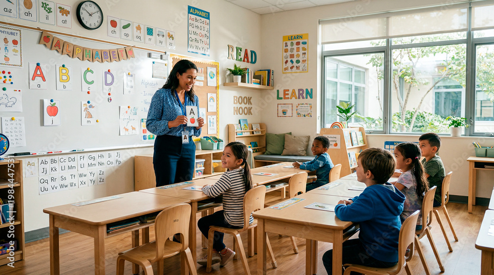 Fototapeta premium Teacher leading a fun alphabet lesson with diverse young students in a bright classroom