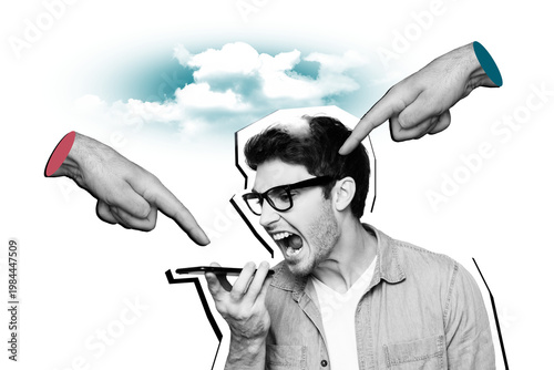Composite photo collage of angry man hold iphone device scream telemarketing customer cyberbully hand finger isolated on painted background