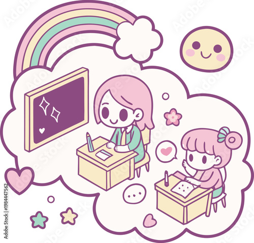 Two charming animated students focus on their schoolwork in a pastel classroom illustration.