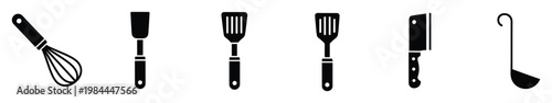Collection of essential kitchen utensils presented as minimalist black glyphs, perfect for culinary website graphics, cooking app interfaces, or restaurant menu iconography.