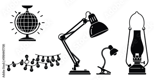 Collection of diverse black silhouette light sources including a disco ball, desk lamps, string lights, and a vintage lantern, perfect for graphic projects and web applications.