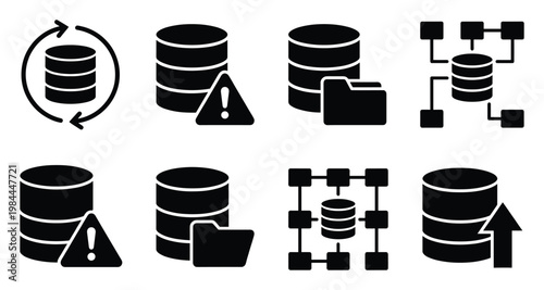 Modern database management icon set representing data synchronization, storage alerts, file integration, distributed network systems, and information upload for digital and business