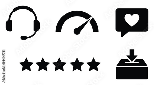 Customer support and feedback icons representing service quality, performance measurement, positive reviews, and data submission for digital interfaces and user experience