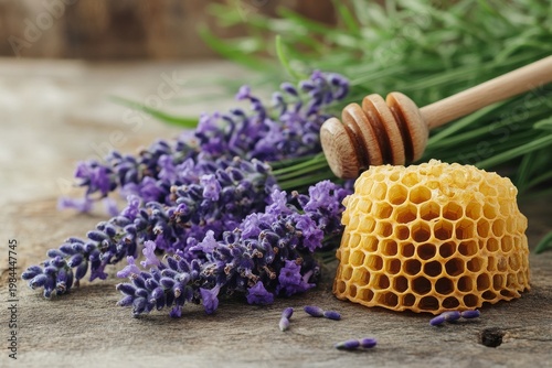 selective focus on sweet honey with lavender for cozy setup