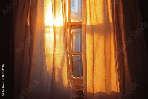 selective focus on linen curtains flowing from tall window with sunlight