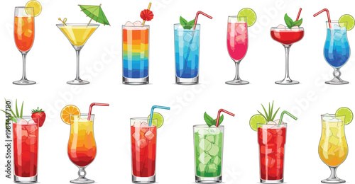 Colorful cocktail drinks vector set with tropical beverages glasses and garnishes illustration isolated on white background