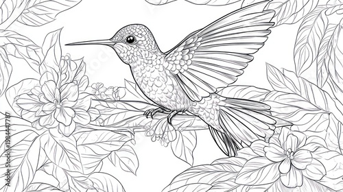 Hummingbird hovering near flowers, floral background, nature illustration, coloring book page