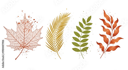 Artistic collection of beautifully rendered vector leaves in diverse autumnal colors, showcasing intricate botanical details and decorative nature designs for seasonal projects