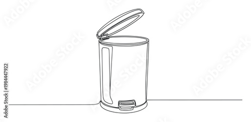 Continuous line drawing of a modern pedal bin with its lid open, ideal for illustrating concepts of waste management, recycling, and home organization in ecoconscious advertisements