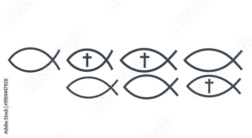 Conceptual illustration depicting a group of Christian fish symbols, some featuring a cross, representing faith, community, and religious identity within a spiritual context