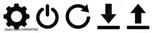Universal collection of flat black vector user interface icons featuring a settings gear, power on off button, circular refresh arrow, download to device, and upload from device symbols,
