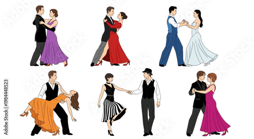 Collection of diverse couples engaged in various styles of ballroom dancing, depicting elegance and movement