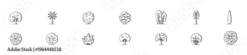 Side View Tree and Plant Vector Set, Side Elevation Minimalist Botanical Outlines with White Fill for Architectural Plans and Landscape Drafting