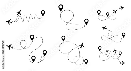 Collection of airplane routes with location pins, representing travel and navigation across different destinations