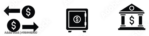 Essential financial icons representing money transfer operations, secure asset storage in a safe deposit box, and a classic bank building symbol for economic and investment content.