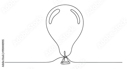 Minimalist continuous line drawing of a flying balloon connected to a ringing bell symbolizing celebration and joy, ideal for event promotions, party announcements, or festive decorations.