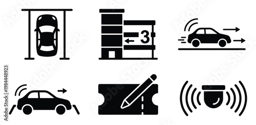 Automotive technology glyphs for smart parking and autonomous vehicles, showing sensor detection, multilevel garage guidance, and digital ticket processing for modern applications.