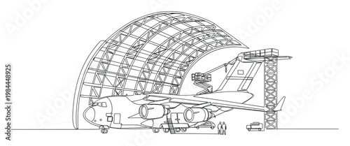 Heavy duty cargo airplane receiving technical service and inspection under a flexible aircraft shelter, suitable for aerospace engineering, logistics, and repair concepts
