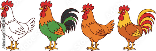 Set of Colorful Rooster Illustrations in Various Poses for Farm, Animal, and Nature Themes