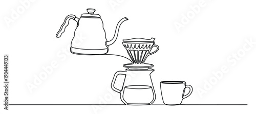 Continuous line drawing of pour over coffee brewing equipment including a gooseneck kettle, dripper, carafe, and cup, perfect for beverage menus or cafe branding.