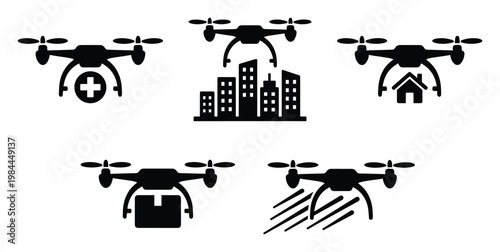 Drone technology for essential services including medical supply delivery, urban monitoring, home security, package transport, and rapid aerial operations showcasing future smart city