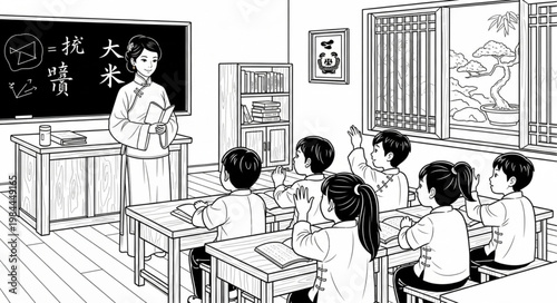 Teacher and students in classroom setting.