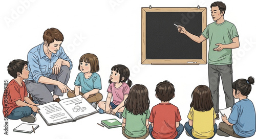 Teacher and kids in classroom setting.