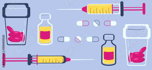 Medical set of syringes, vaccine vials, and pill bottles with assorted capsules. Ideal for healthcare infographics, banners, pharmacy branding, and medical education.
