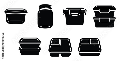Various food storage containers and a glass mason jar depicted as silhouettes are perfect for illustrating concepts of meal preparation, kitchen organization, and healthy eating habits