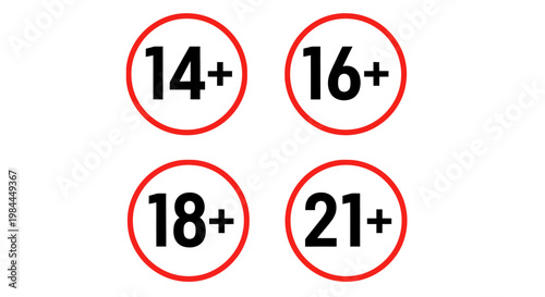 Collection of age restriction symbols indicating minimum maturity levels for accessing various types of content, services, or events, promoting responsible viewing and participation